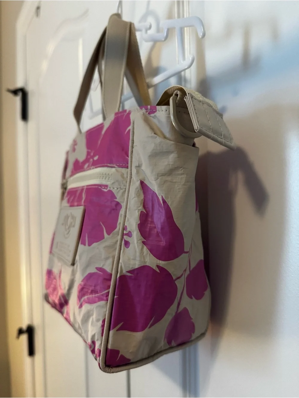 ALOHA Splash Proof Floral Tote Bag - Beige with Pink Print